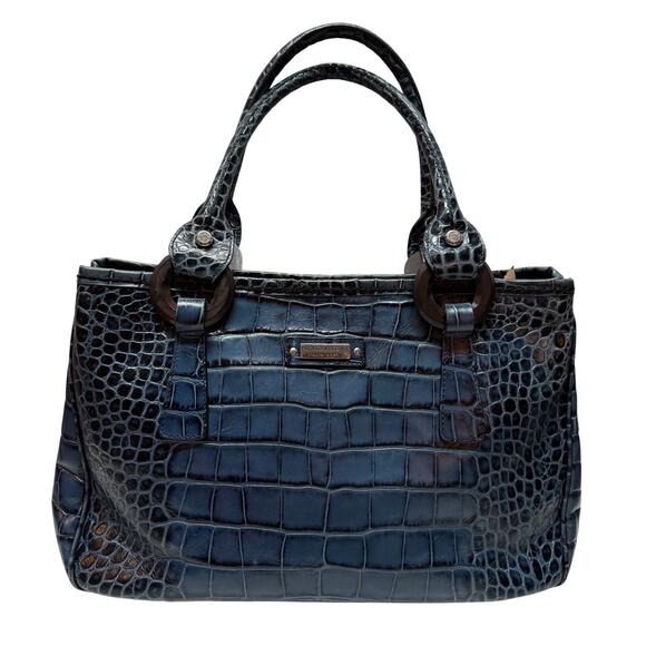 Plinio Visona Italy Blue Leather Satchel Croc Embossed Handbag - Picture 1 of 10